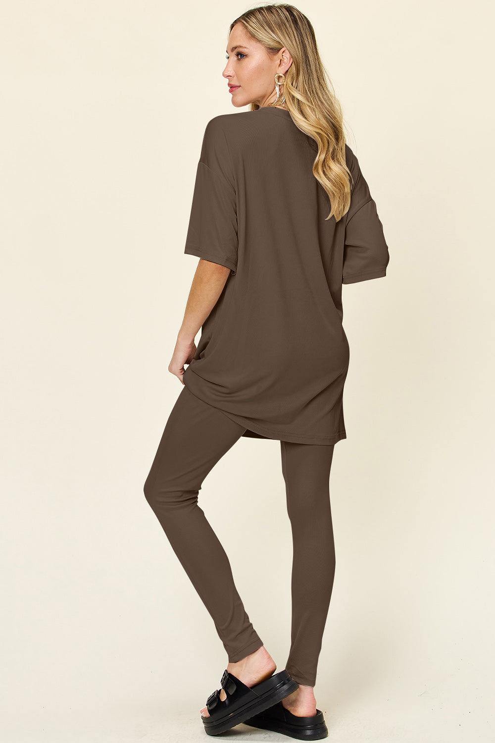 Double Take Full Size Round Neck Dropped Shoulder T-Shirt and Leggings Set