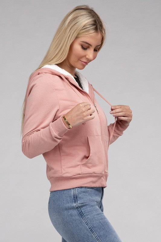 Fuzzy Trim Zip-Up Crop Hoodie